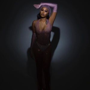 See Through Bling Dress. Includes head piece, gloves and gown.